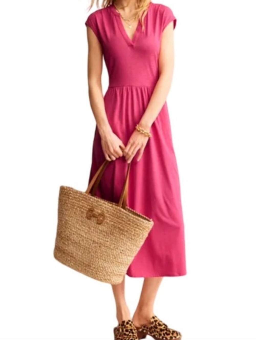Boden Pink.Chloe Notched Jersey V-Neck Cap Sleeve Pocket Midi Dress 16-18R Vacay